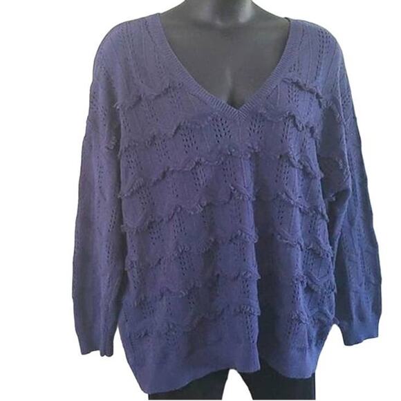 EVRI Women’s Wavy Pointelle Knit V-Neck Sweater - Navy Blue, Size 2X - NWOT - Picture 6 of 6